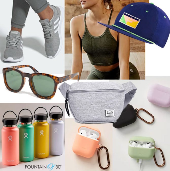 walking accessories sneakers sunglasses water bottle fountainof30