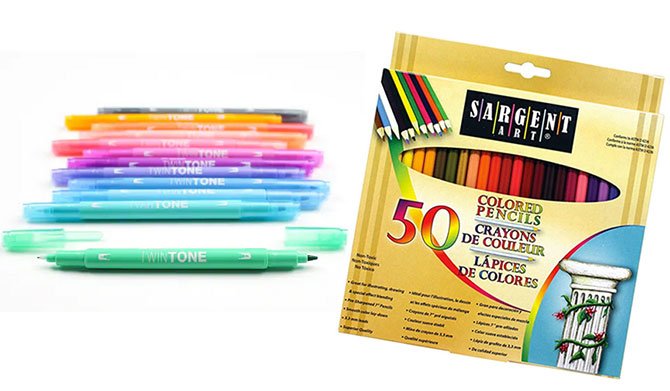 Dual-Tip Marker Set and colored pencils fountainof30