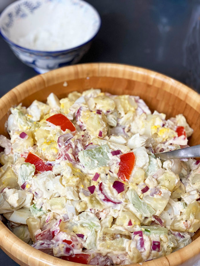 easy potato salad recipe in wooden bowl fountainof30