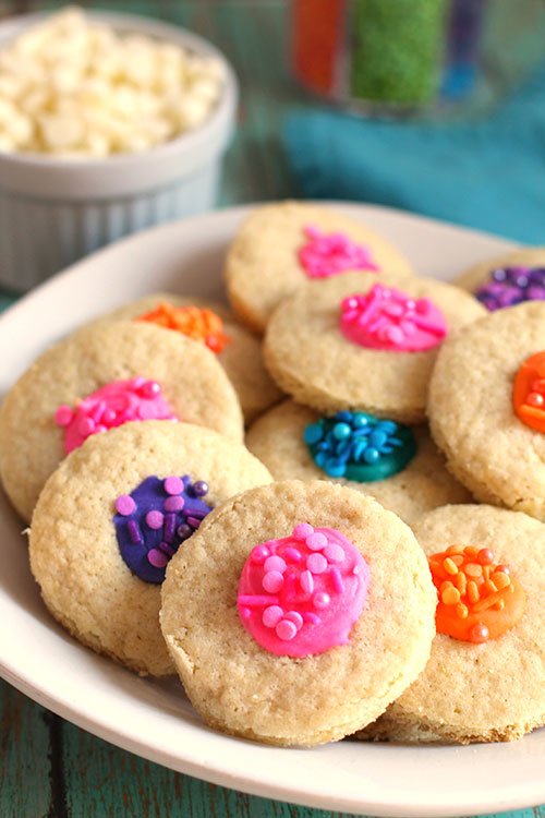 White Chocolate Thumbprint Cookies on a plate fountainof30