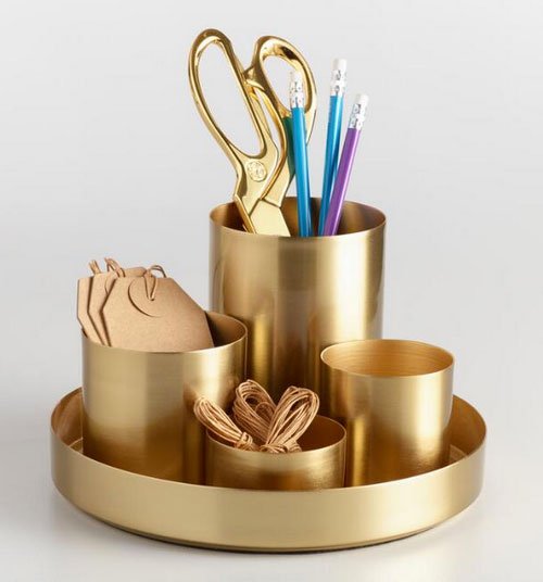 Gold 4 Cup Kiara Desk Organizer with Tray home office desk setup Gold desk Organize fountainof30