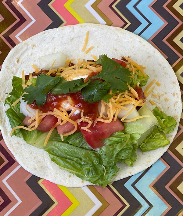 copycat old el paso seasoning taco with garnish on Missoni plate fountainof30