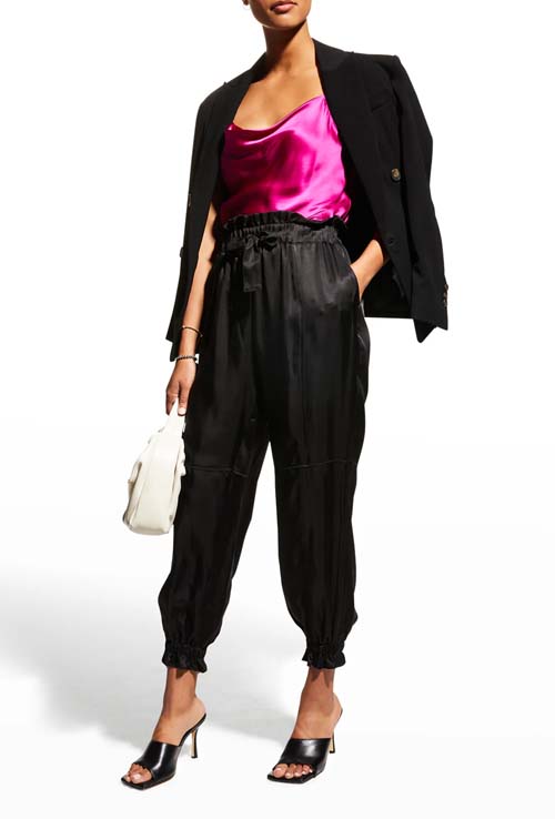 Dressy joggers with a silk cami, blazer and heels fountainof30