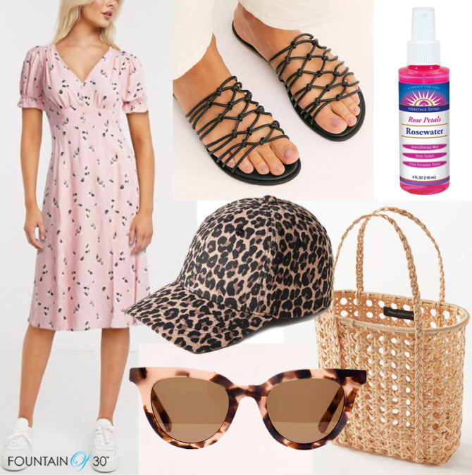 summer road trip looks for less dress sandals sunglasses baseball cap straw tote fountainof30