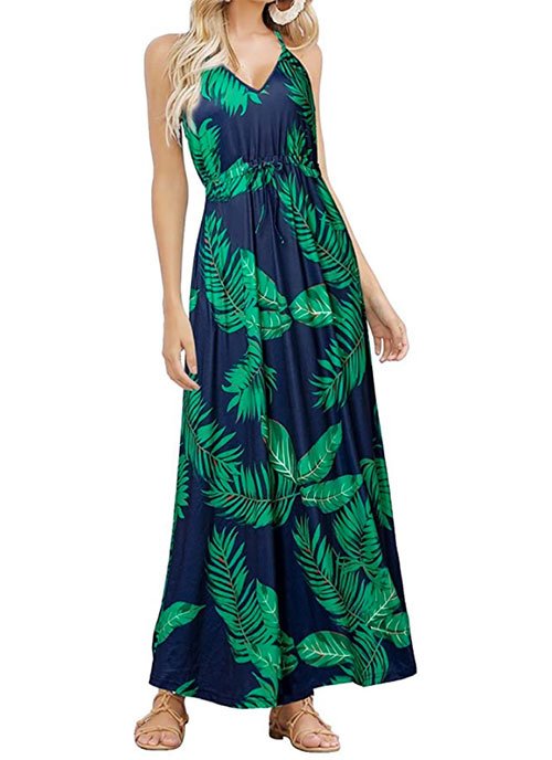 leaf print Tropical Summer Maxi Dress,