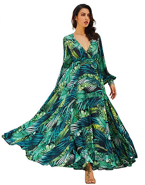 R.Vivimos Chiffon Print V Neck Long Sleeve Tie Waist Maxi Dress