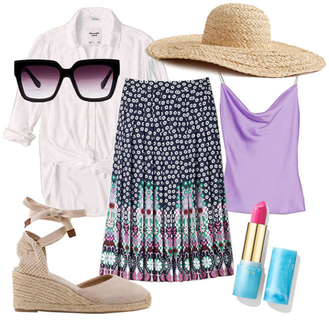 LTK Day 2020 pleated floral skirt white shirt straw hat sunglasses espadrilles pink lipstick