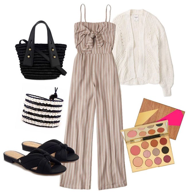 LTK Day summer outfits eveing barbeque jumsuit slide sandals bearl bracelet cardigan