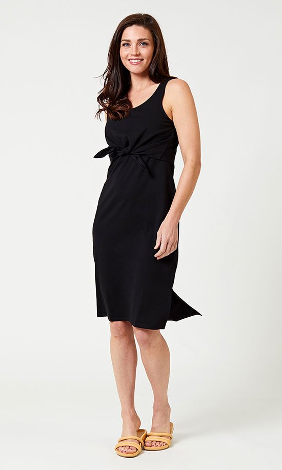 sustainable brand Pact Tie Front Midi Dress black fountainof30