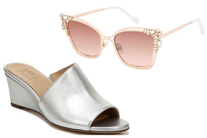 mixed metal affordable accessories cat eye sunglasses and silver wedge snadals