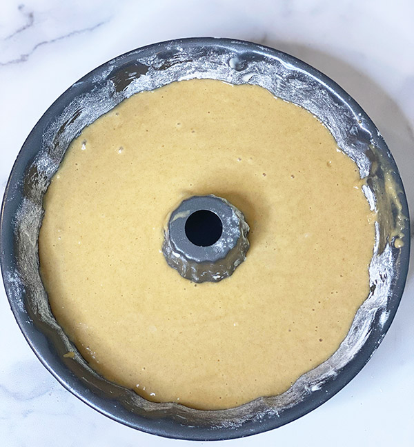 Apple Cider Cake recipe batter in pan fountainof30