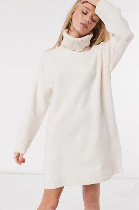 Roll Neck Knitted Sweater Dress in Cream fountainof30