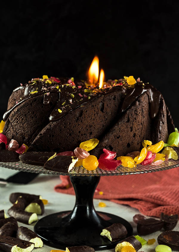 chocolate volcano cake with colorful candies fountainof30