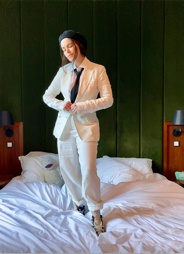 white pant suit Emily Hampshire in Ralph Lauren Polo