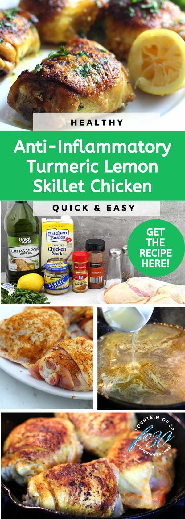 healthy anti-inflammatoiry turmeric lemon chicken in a skillet fountainof30