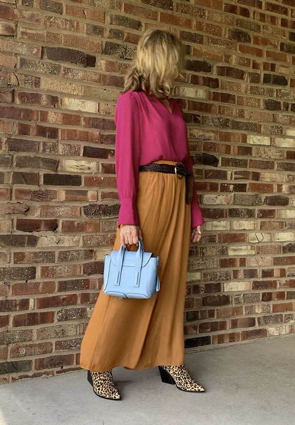 copper palazzo pants with hot pink blouse fountainof30