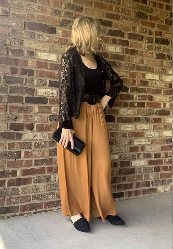 cognac palazzo pants black lace blouse evening look fountain of30