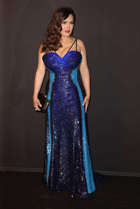 cannes film festival fashion Salma Hayek in blue Gucci fountainof30