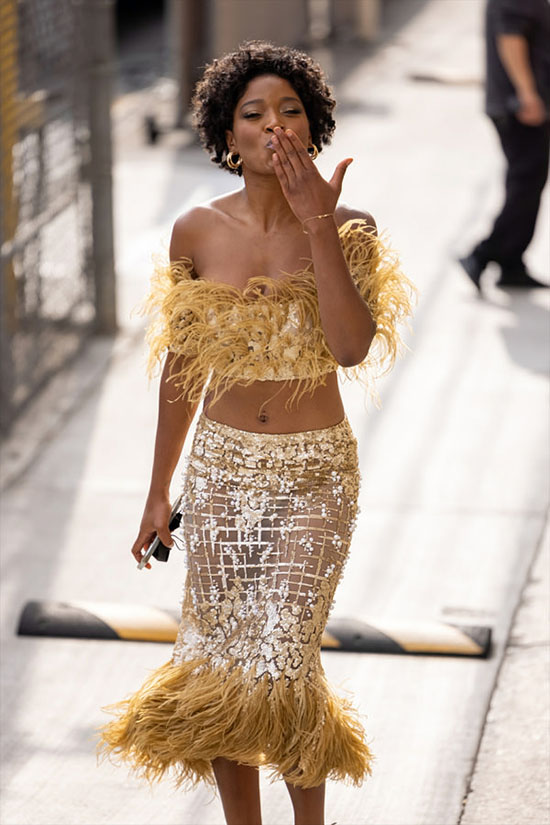Keke Palmer in Georges Chakra feathers and sequins fountainof30