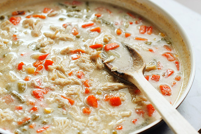 chicken pot pie filling in fry pan fountainof30