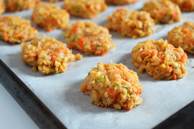 chickpea nuggets on baking sheet