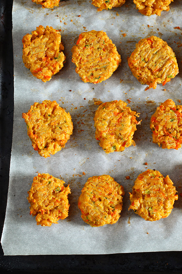 baked chickpea nuggets on baking sheet