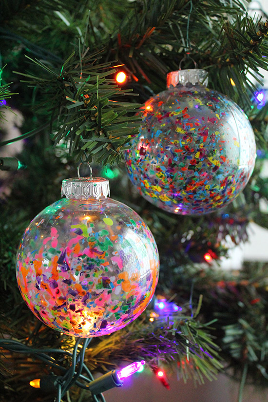 melted crayon ornaments in christmas tree