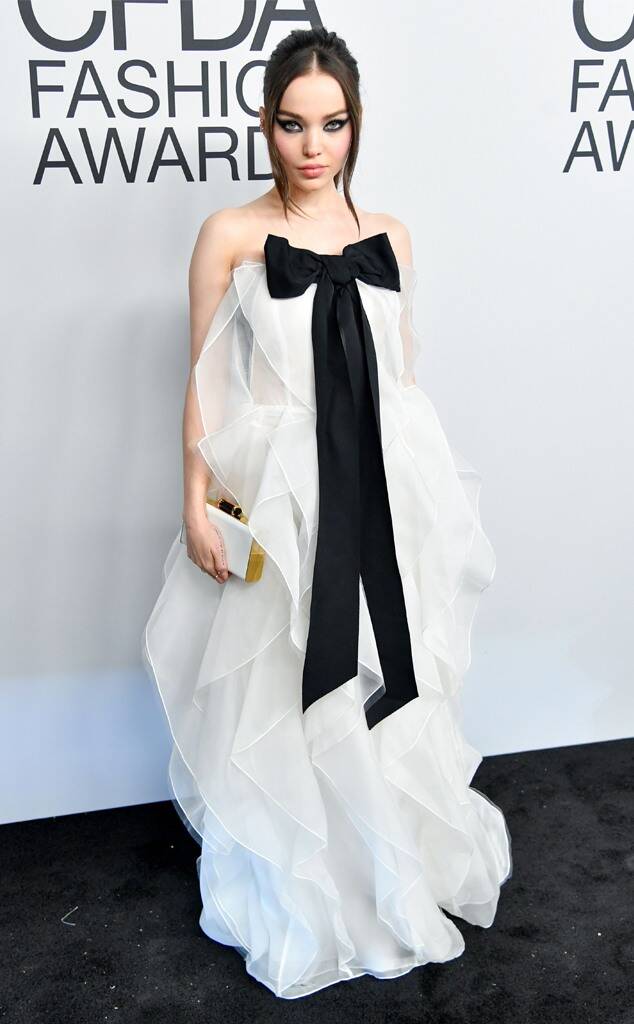 Dove Cameron in white Carolina Herrera black bow CFDA Awards 2021
