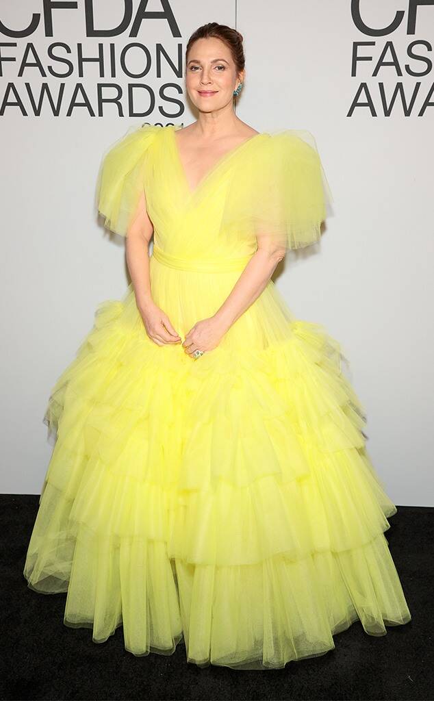 CFDA 2021 Drew Barrymore in Christian Siriano Drew Barrymore in lemon Christian Siriano gown fountainof30