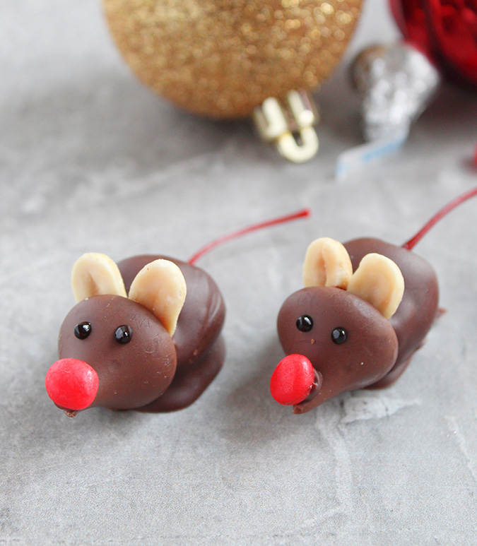close up of 2 Christmas Mice Candies fountainof30
