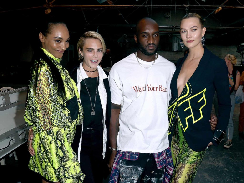 Jourdan Dunn, Cara Delevingne, Abloh and Karlie Kloss backstage with Virgil Abloh 