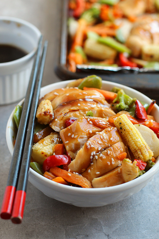 Sheet Pan Chicken Teriyaki in bowl with chop sticks fountainof30