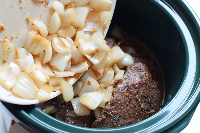 oinion mixture to slow cooker Slow Cooker Pot Roast recipe fountainof30