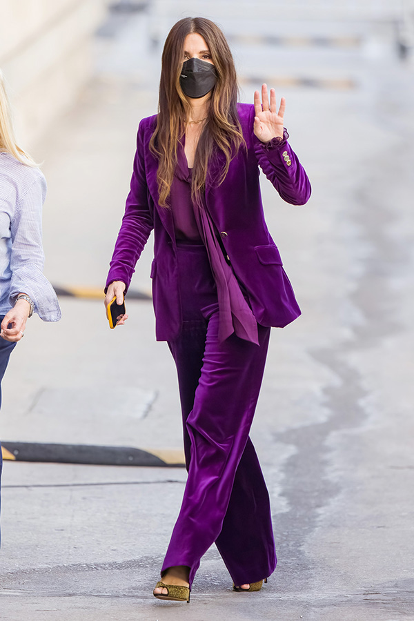 sandra bullock purple velvet suit fountainof30