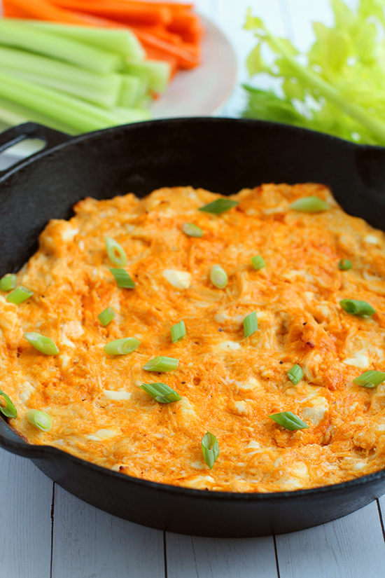 keto buffalo chicken dip in skillet fountainof30