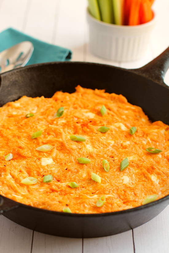 Skillet Buffalo Chicken Dip with carrots and celery fountainof30