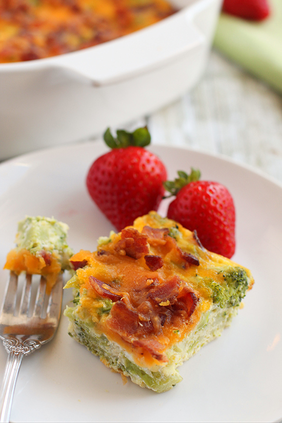 broccoli egg bacon breakfast Casserole with a fork fountainof30