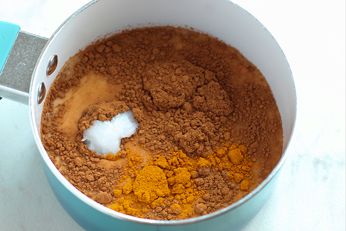 turmeric hot cocoa in pan fountainof30