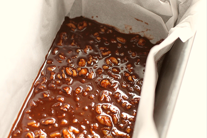 pour chocolat mixture into parment lined loaf pan fountainof30