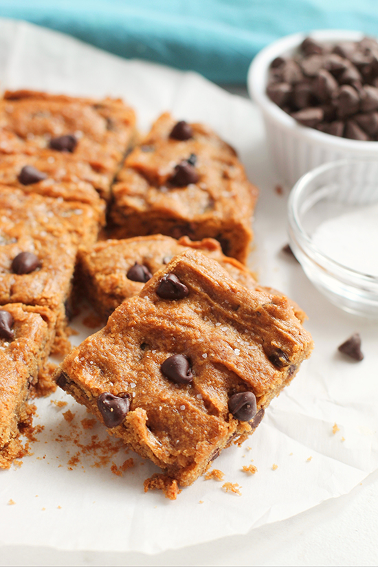 slices of blondies with chocolate chips fountainof30