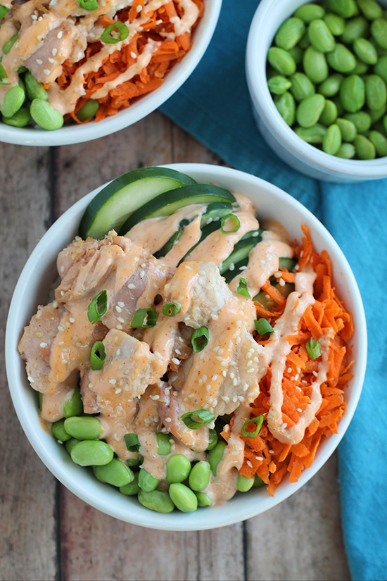 teriyaki salmon bowls with spicy mayo fountainof30