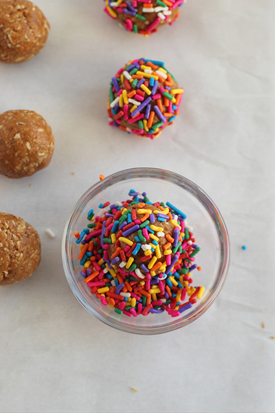 birthday cake protein balls add sprinkles fountainof30