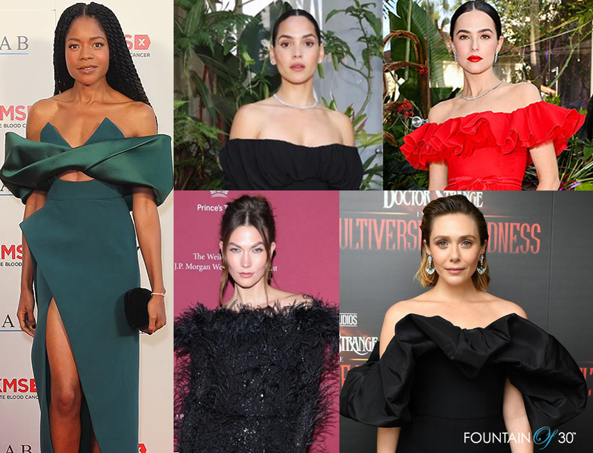 celebrities wear off the shoulder necklines fountainof30