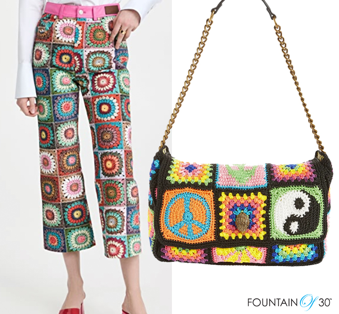 crochet print pants and knit handbag fountainof30
