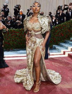 Megan Thee Stallion in gold Moschino Met Gala 2022