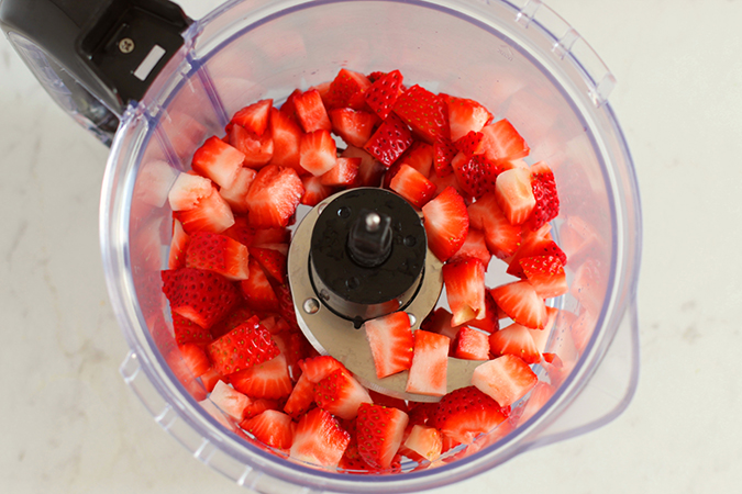 fresh strawberries in food processor fountainof30