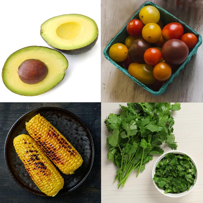 avocado grape tomatoes grilled corn cilantro for salad fountainof30