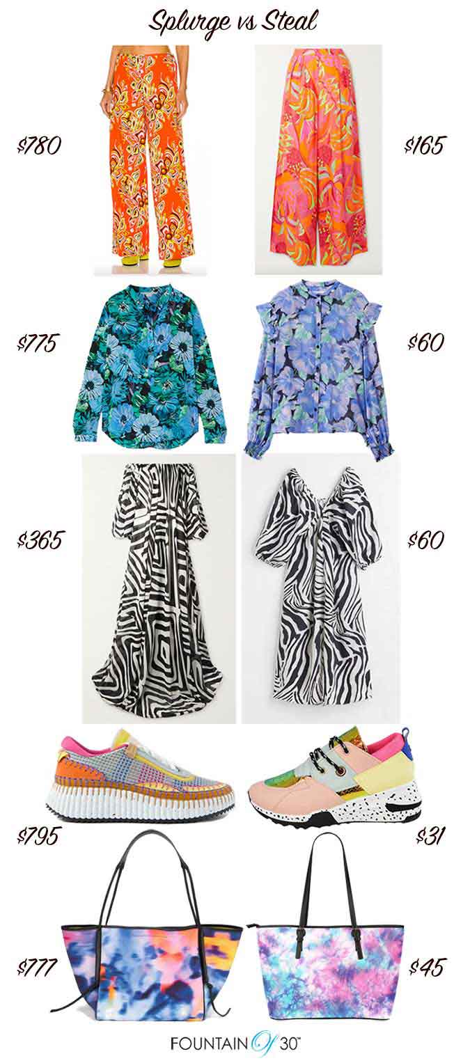 colorful prints pants blouse dress sneakers bag fountainof30