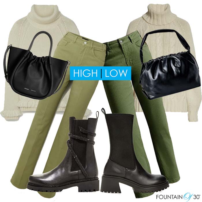 high low sweater green jeans black boots fountainof30