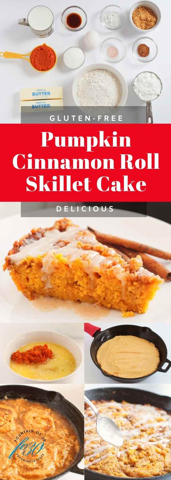 pumpkin cinnamon roll cake in a skillet fountainof30